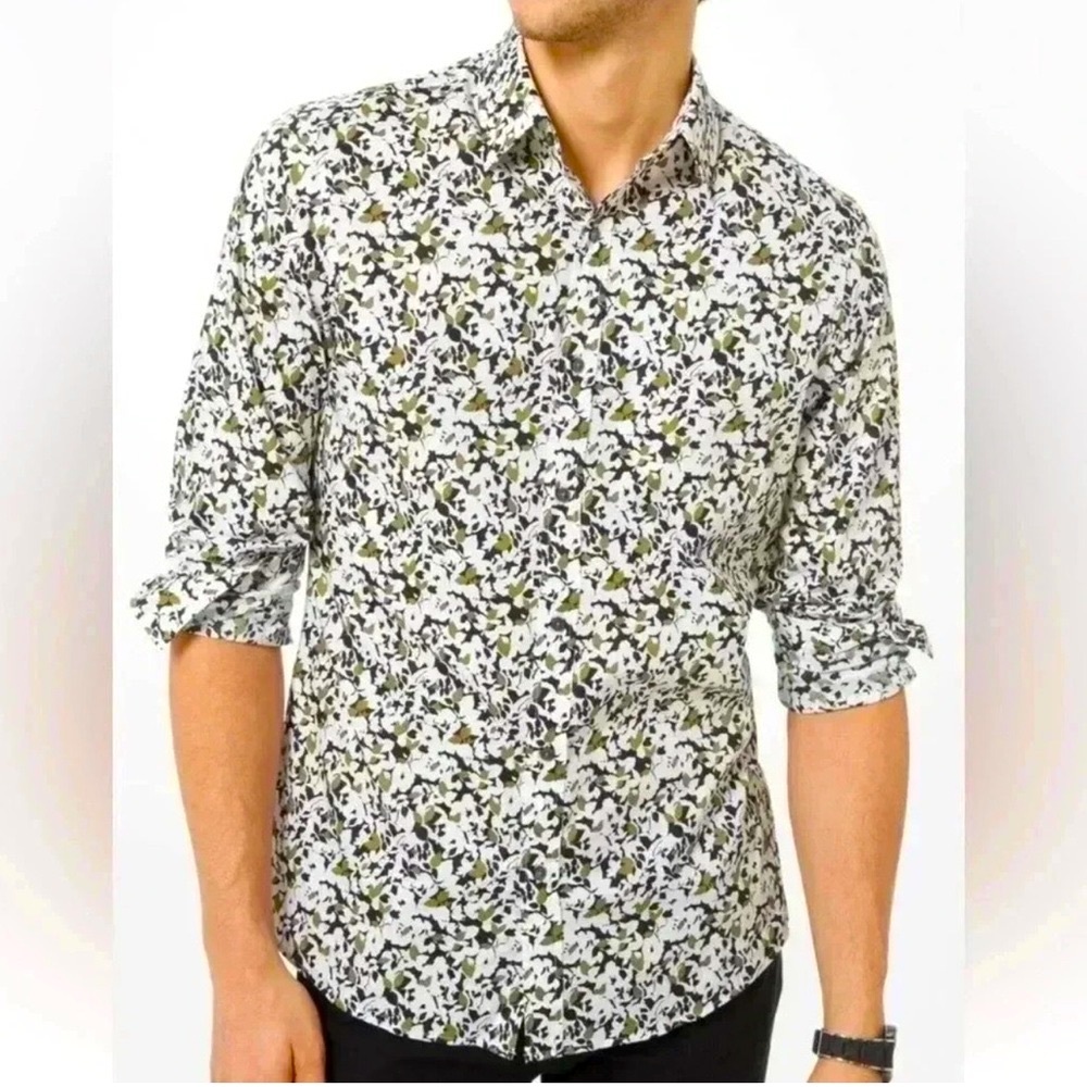 NWT Michael Kors Smokey Olive Long Sleeve Stretch Cotton Button Down Sz Med